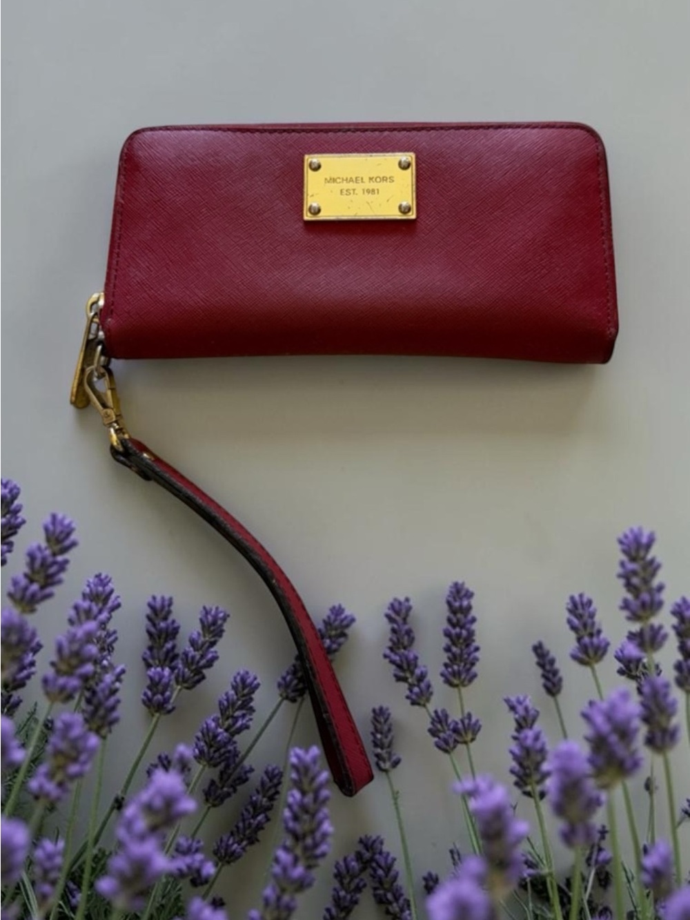 Michael Kors Burgundy Zip Wristlet Wallet with Gold Plate